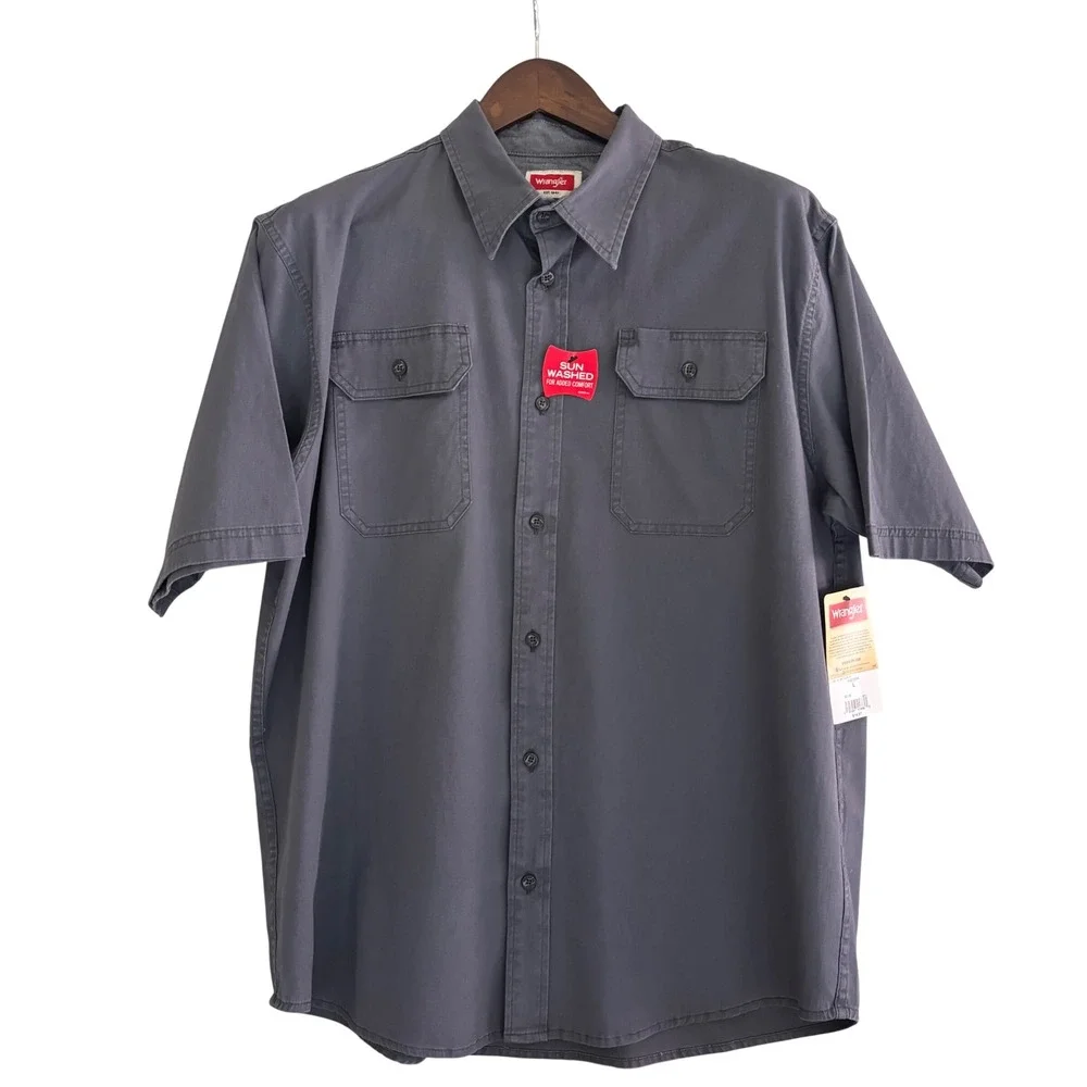 Wrangler Mens L Short Sleeve Shirt Gray Sun Washed Relaxed Fit   NWT Workwear